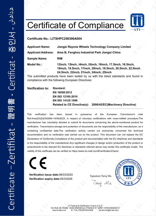 CE certificate of compliance for RAYONE wheels