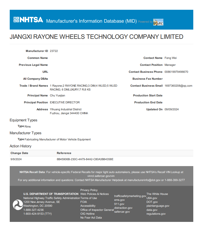 NHTSA MID manufacturer information database certificate